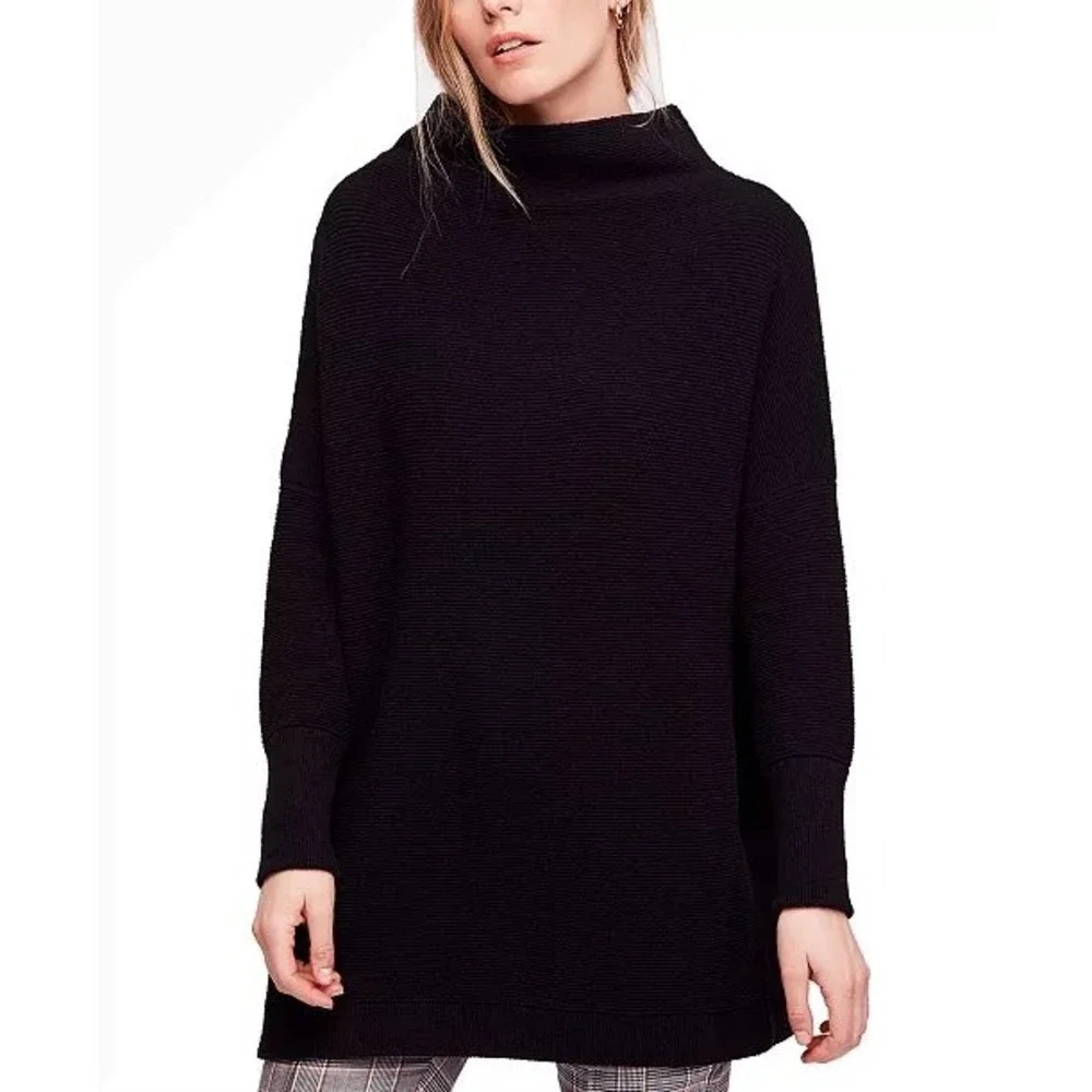 Free People Ottoman Ribbed Tunic Sweater Black Mock Neck OB432957 Womens Medium